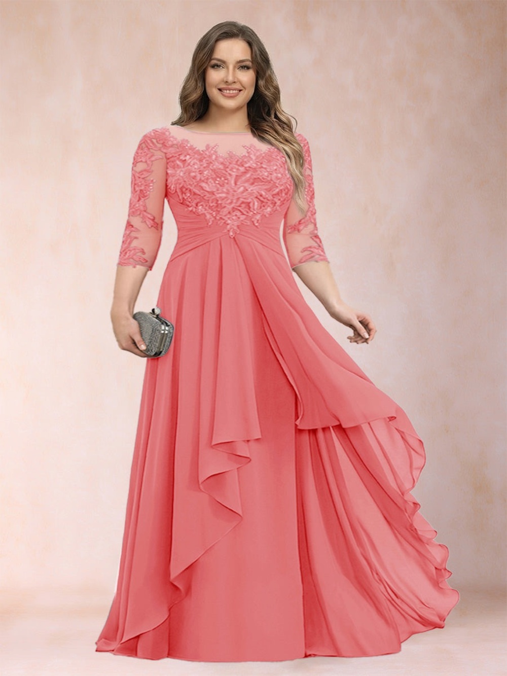 NWT Lavetir Princess Scoop 3/4 Sleeves Chiffon Plus Size Dresse Sz 12